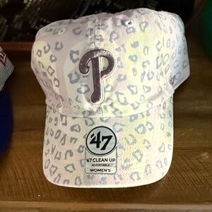 47  woman’s Phillies hat with Purple and White Leopard Design